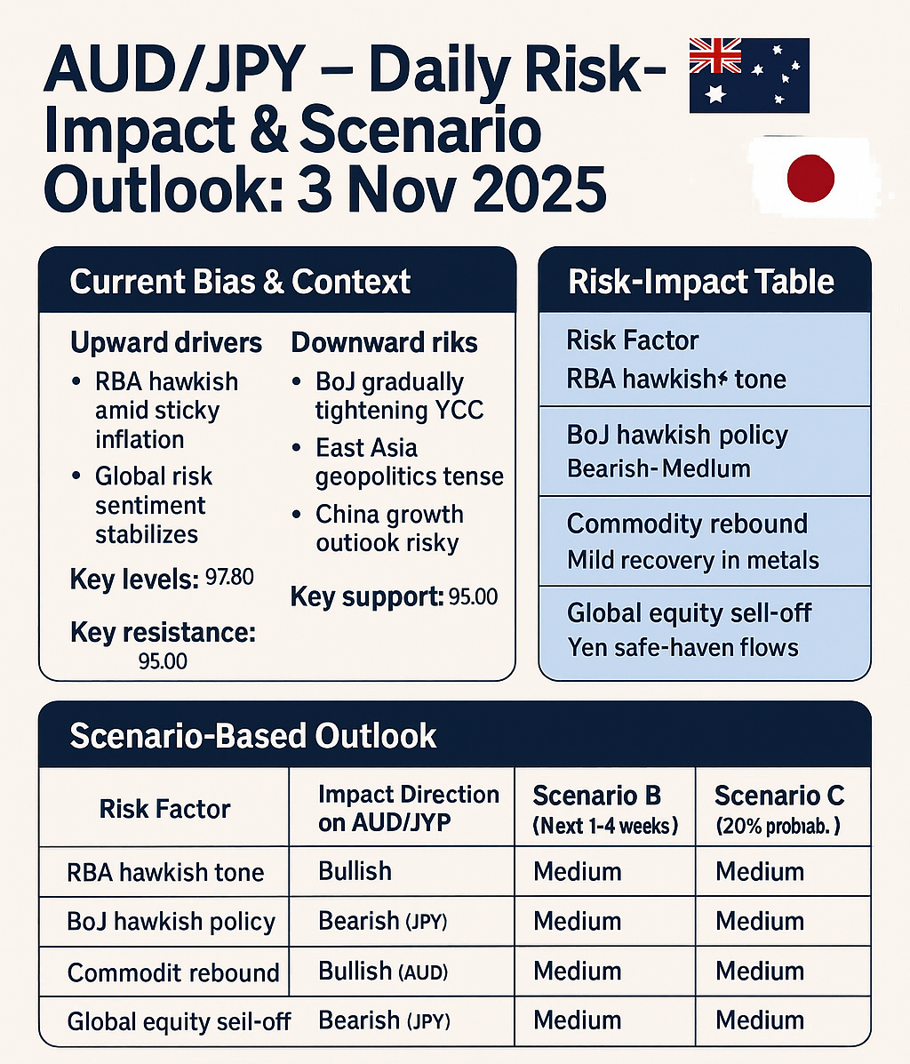 AUD/JPY — Daily Risk-Impact & Scenario Outlook: 3 Nov 2025