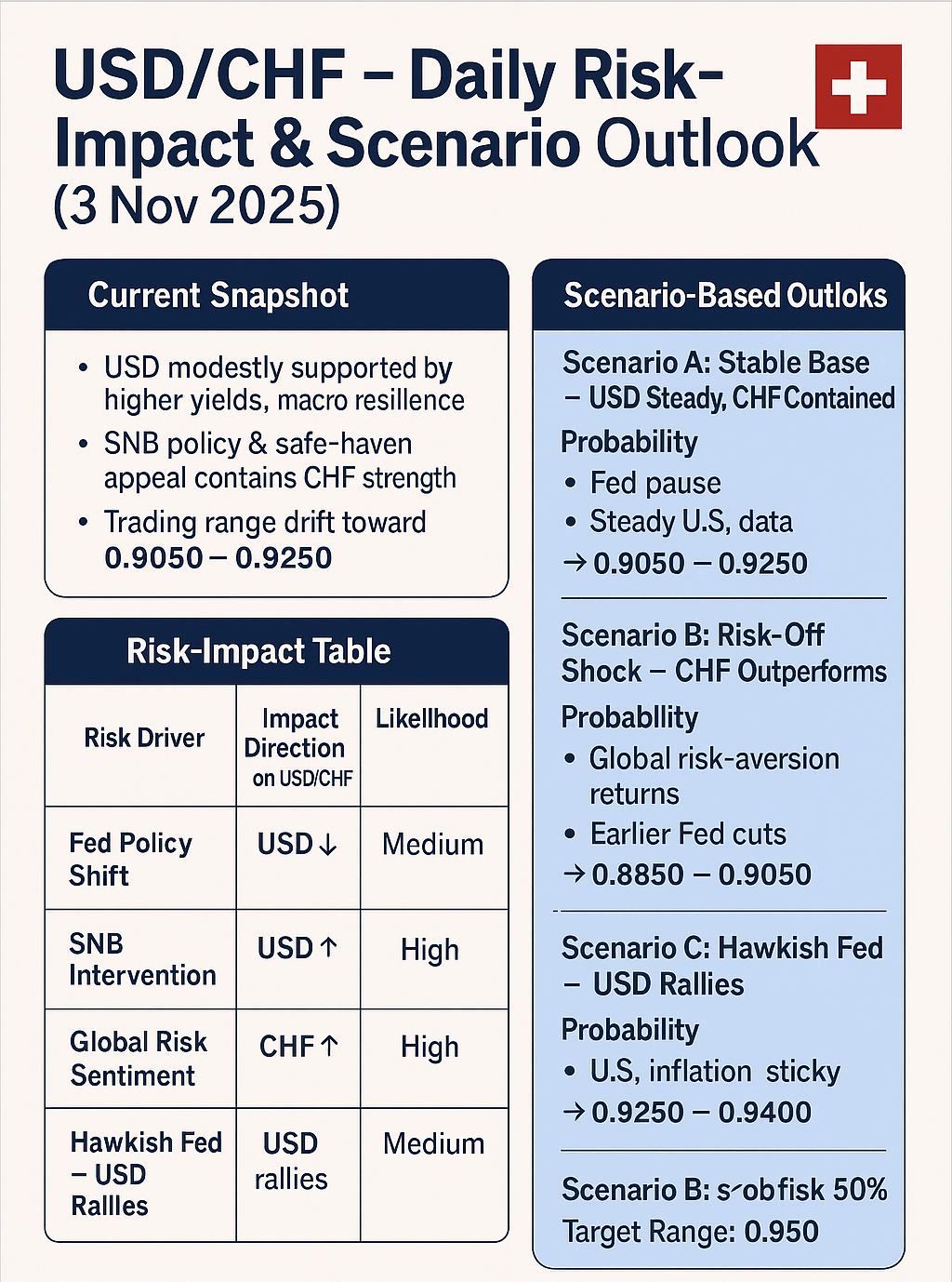 USD/CHF — Daily Risk-Impact & Scenario Outlook: 3 Nov 2025